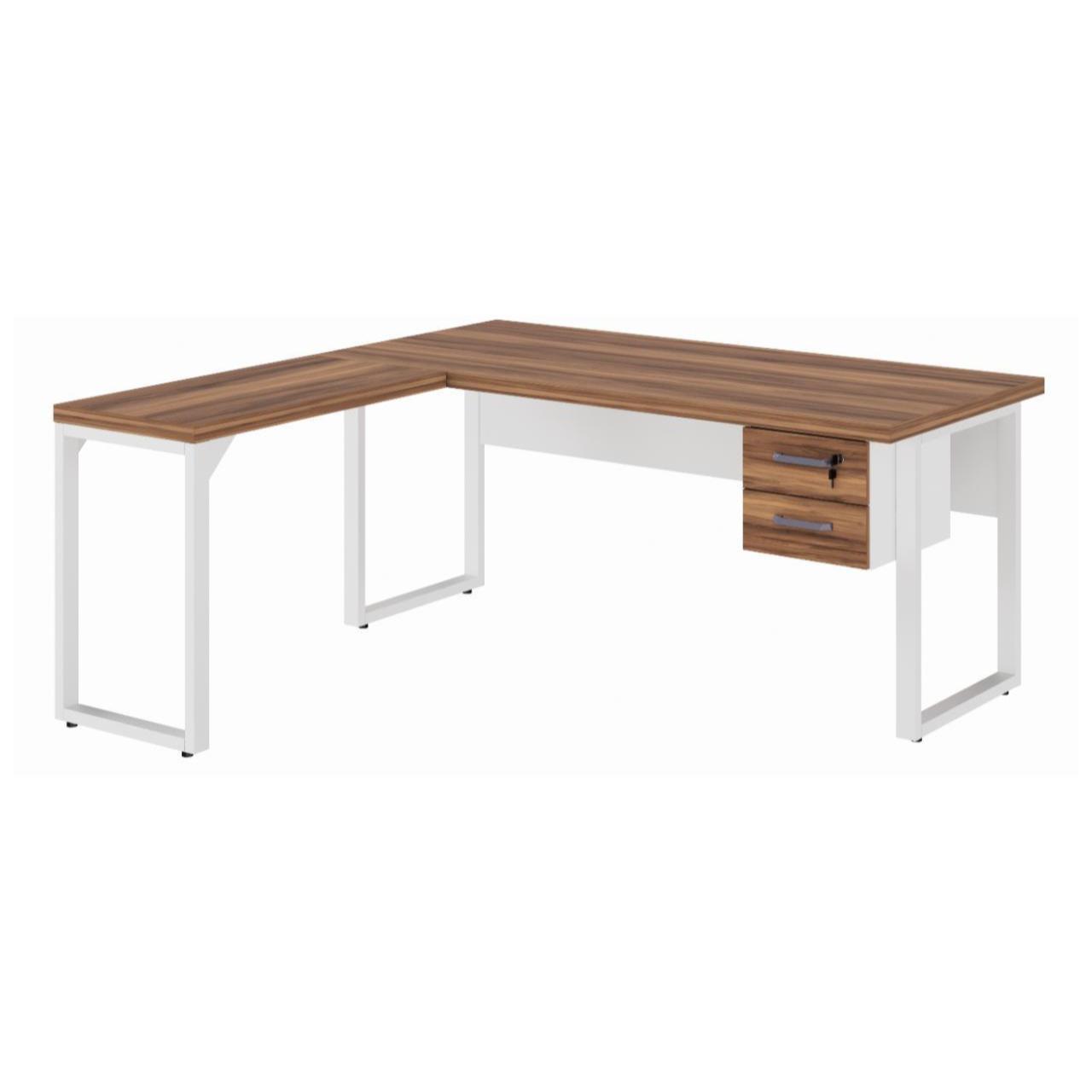 Mesa em L PÉ QUADRO (Mesa 1,50m + Mesa Auxiliar) - C/ Gavetas - WORKSTART - NOGAL SEVILHA/BRANCO - 34330